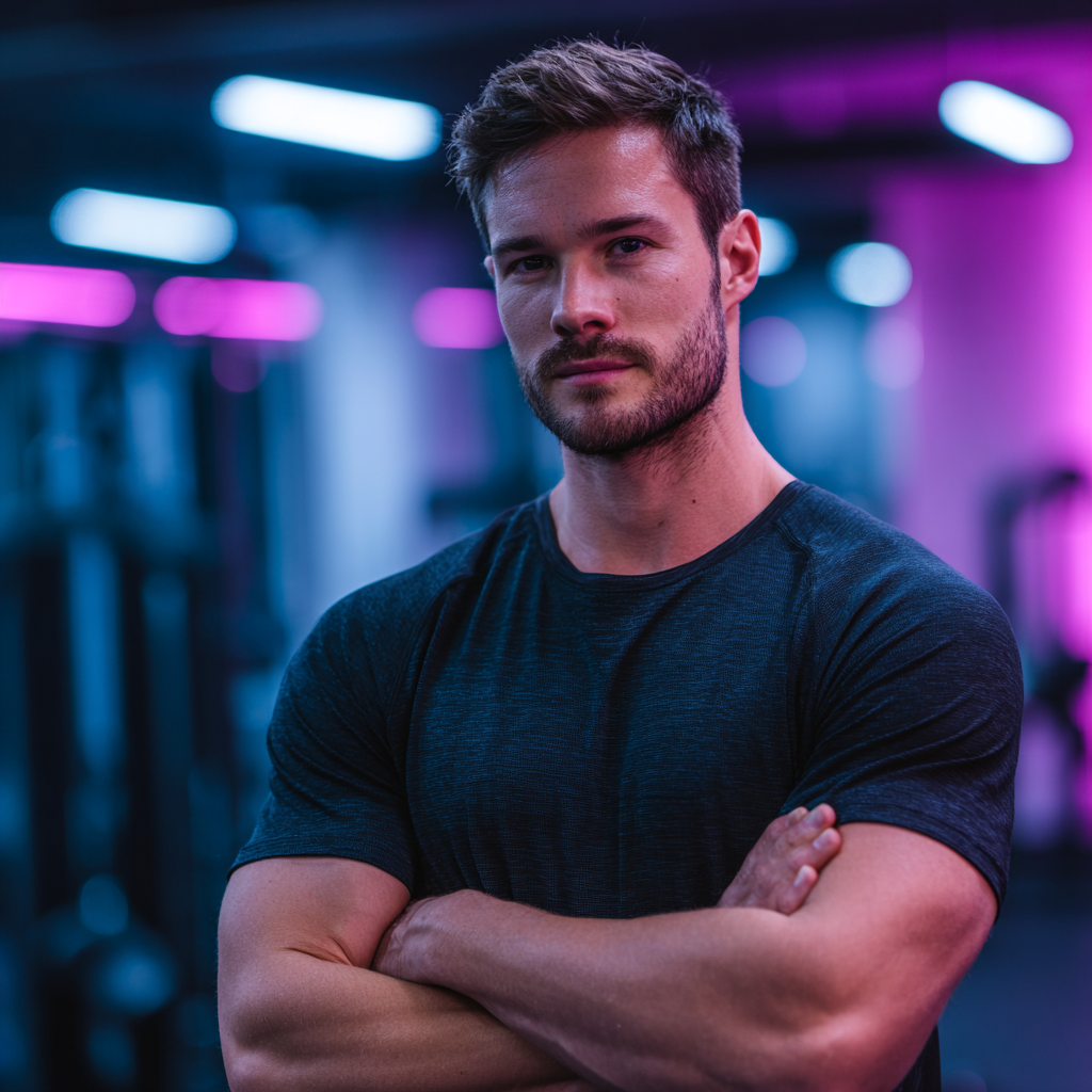 Confident man in modern gym setting, focused and determined during workout session