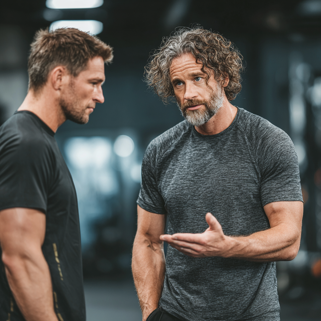 Professional male trainer explaining workout methodology to focused client in modern fitness environment