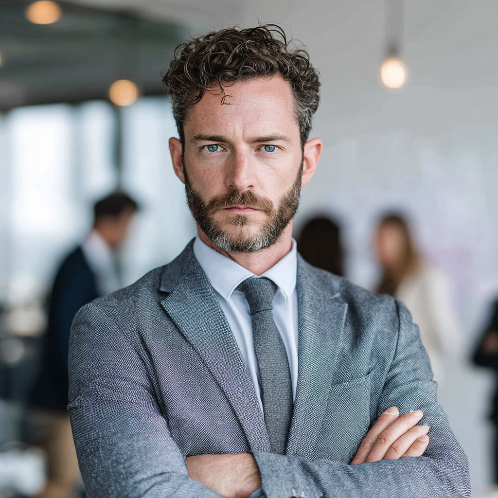 Strong confident businessman in suit showing leadership qualities and determination in modern office environment